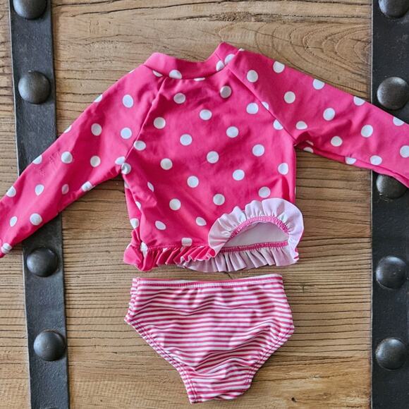 Little Me Pink Polkadot and Stripe Rashguard Bikini sz 6-9. - Picture 4 of 6